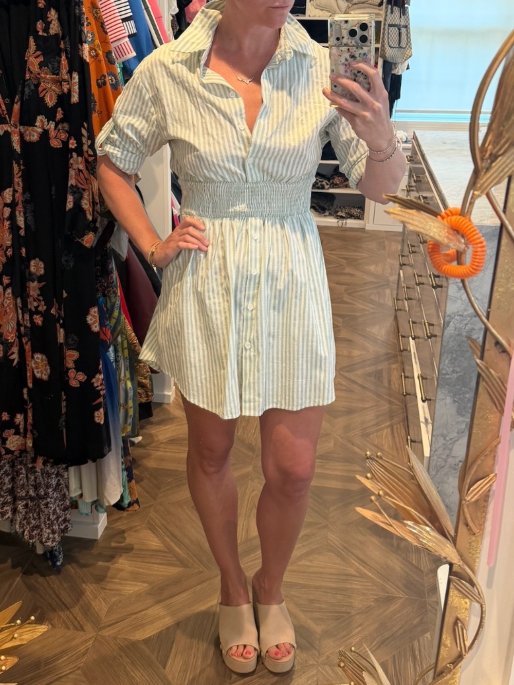 Cinch-Waist Collared Cotton-blend Shirt Dress